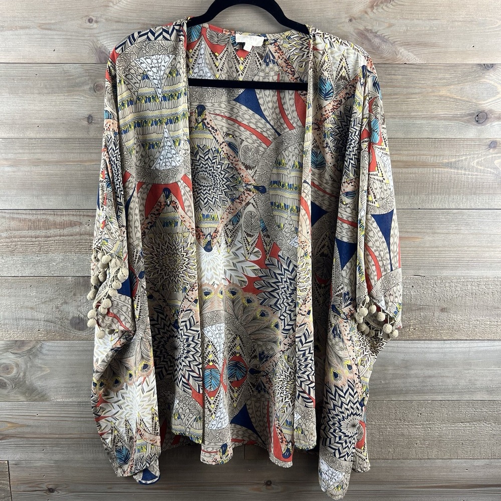Umgee Womens Kimono Open Front Pom Pom Fringe Feather‎ Southwestern Medium Large